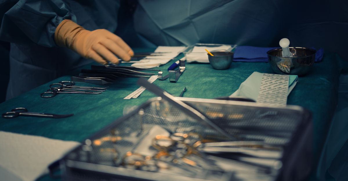 Close-up of surgical instruments prepared for surgery in a hospital operating room.