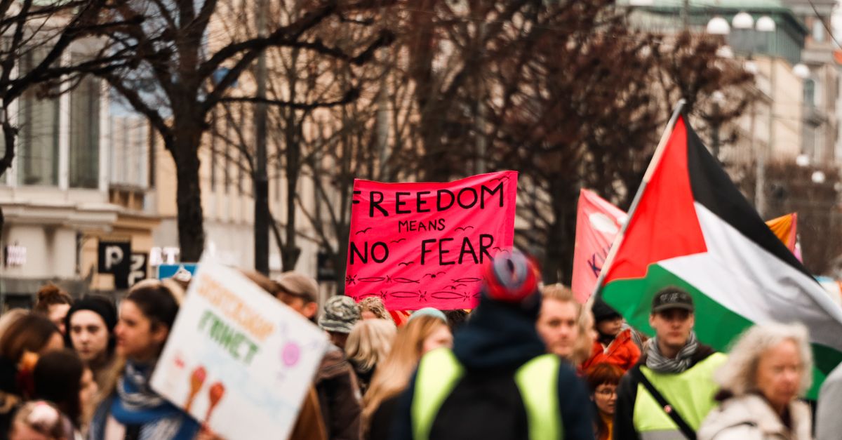 A protest scene in Gothenburg with people holding signs for freedom and peace.