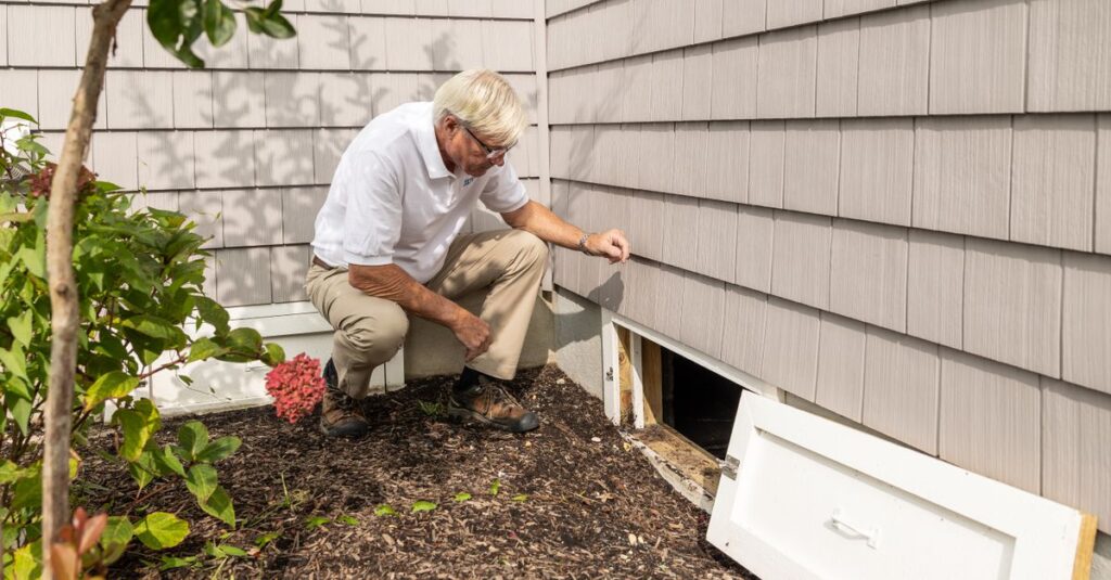 Senior adult inspecting a crawl space entrance during a home inspection on a sunny day.