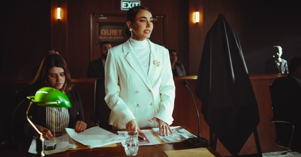 Female lawyer in white suit presenting a case confidently in a courtroom setting in Baghdad, Iraq.