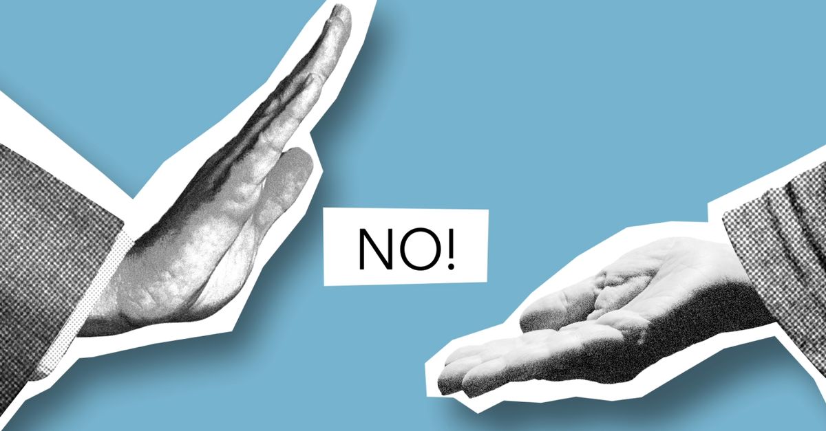 Cutout paper composition representing male showing rejection to outstretched helping hand during negotiations
