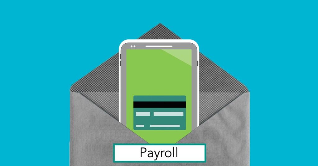 Decorative cardboard illustration of cellphone with application on screen in envelope with Payroll inscription on blue background