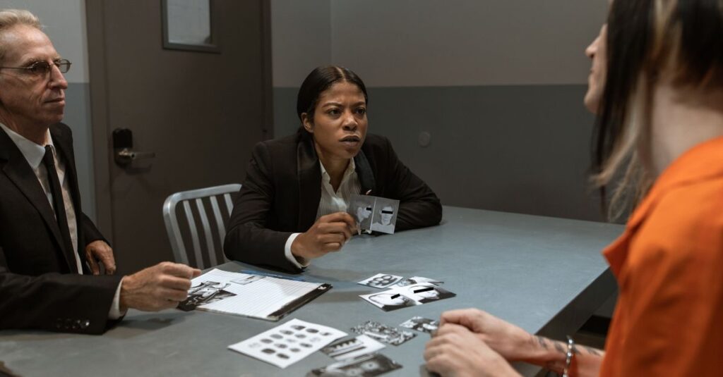 Interrogation scene with detectives questioning a handcuffed suspect inside a jail room.