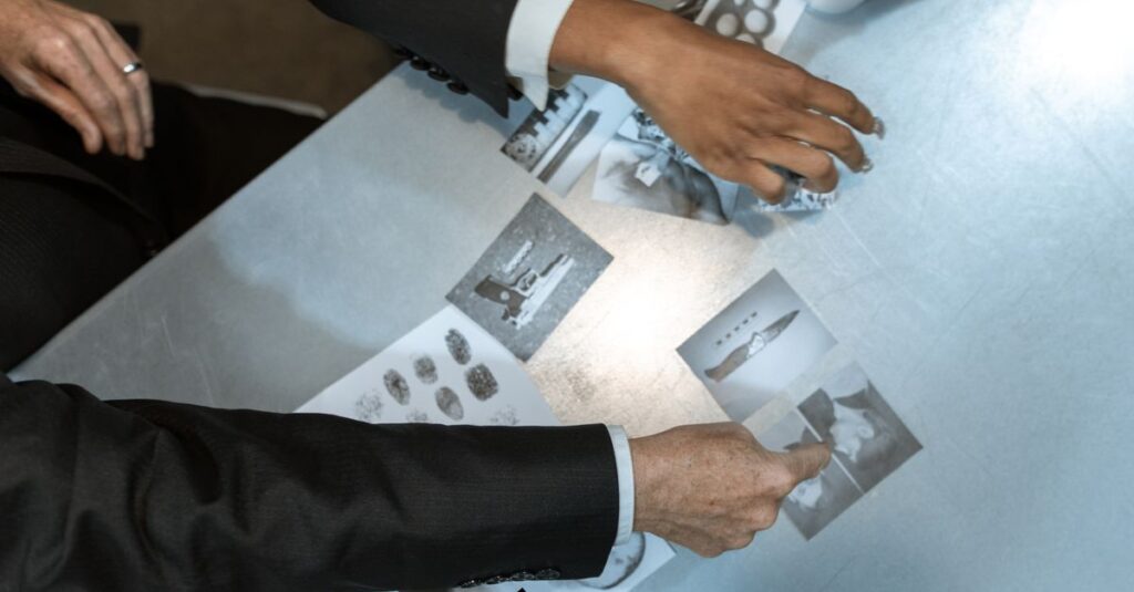 Detectives analyzing black and white photos and fingerprints. Investigation process depicted in detailed top view.