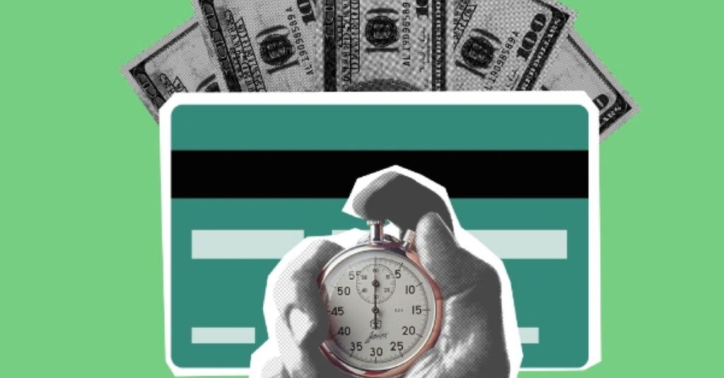Illustration of cutout person hand timing stopwatch against credit card and cash money on green background