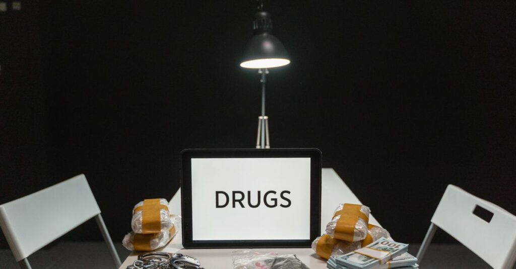 A dimly lit room with a sign displaying 'DRUGS' surrounded by money and illegal substances.