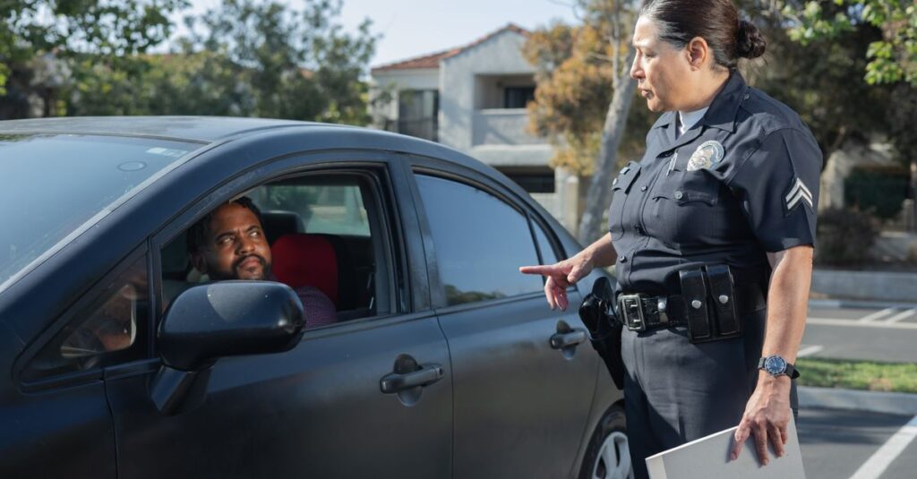 A police officer interacts with a driver during a daytime traffic stop on a residential street.