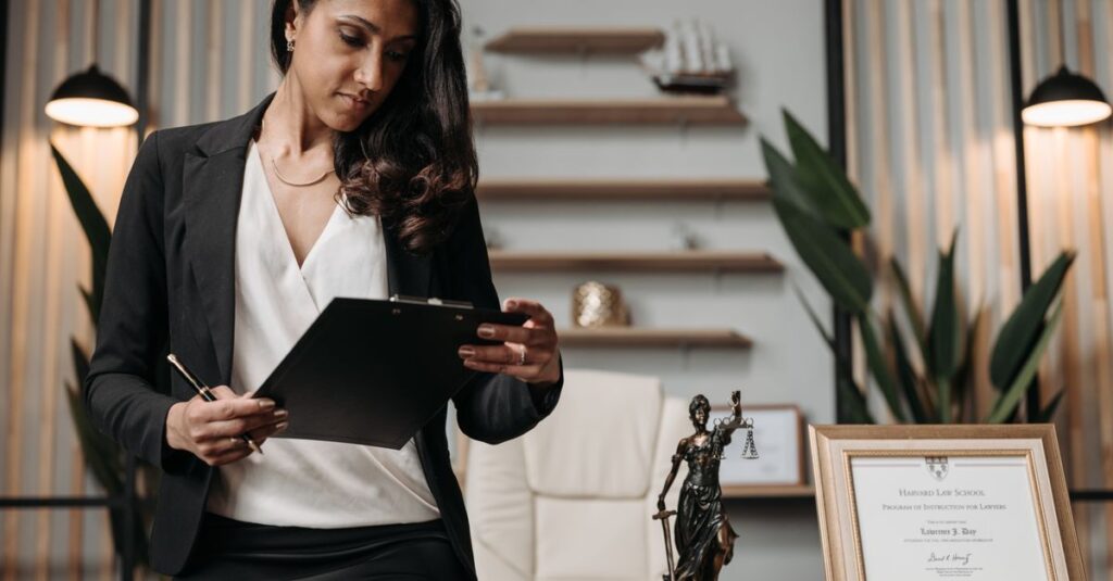 Confident businesswoman reviewing paperwork in a modern law office setting.