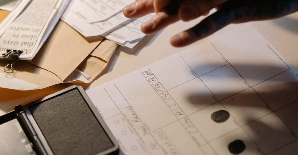 Detailed view of fingerprinting process with documents and ink pad on a desk, focusing on identity verification.